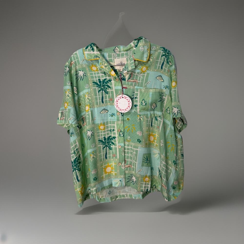 Umgee Oversized Short Sleeve Summer Print Rayon Top Camp Shirt WomensMed